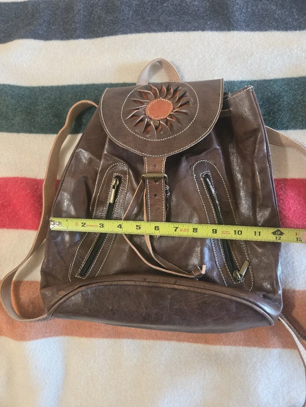Brown Leather Sunburst Accent Backpack Purse